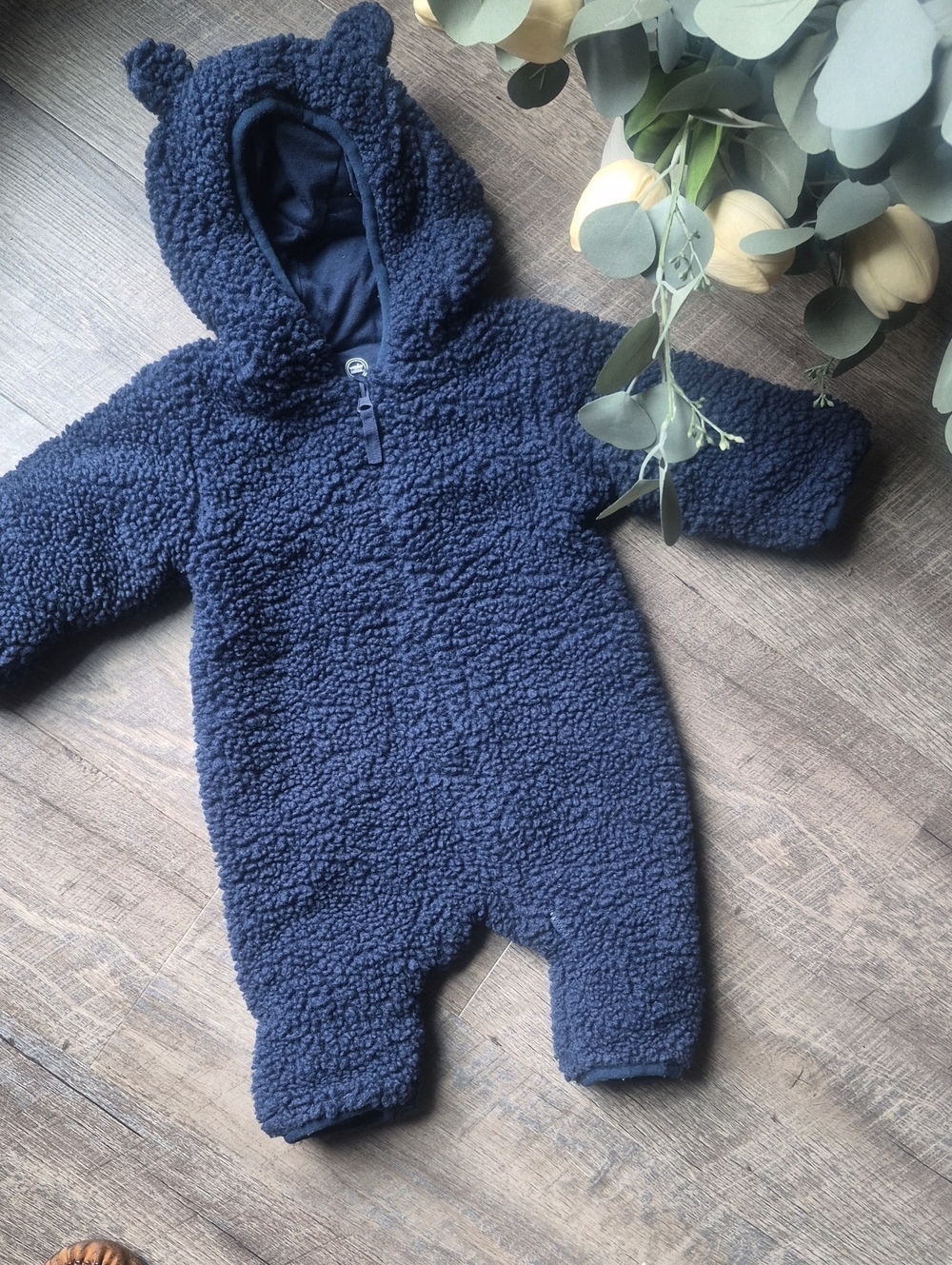 Wonder Nation Navy Sherpa Hooded Baby Bear One-Piece Sherpa 6-9 Months